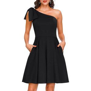 JASAMBAC One Shoulder Bow Black A-line Cocktail Party Dress with Pockets XL